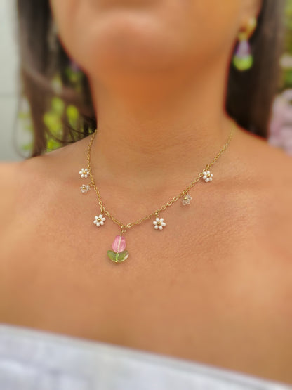 Collar Blooming con tulipán rosa