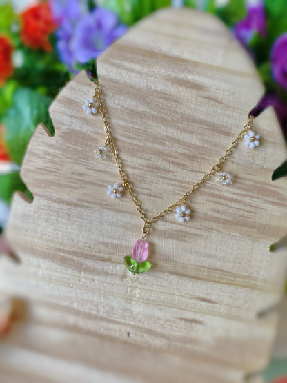 Collar Blooming con tulipán rosa