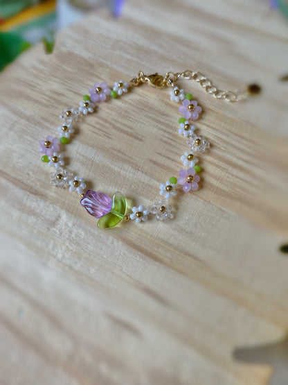 Pulsera de flores con tulipán lila