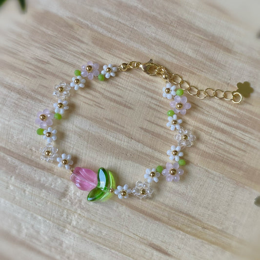 Pulsera de flores con tulipán rosa